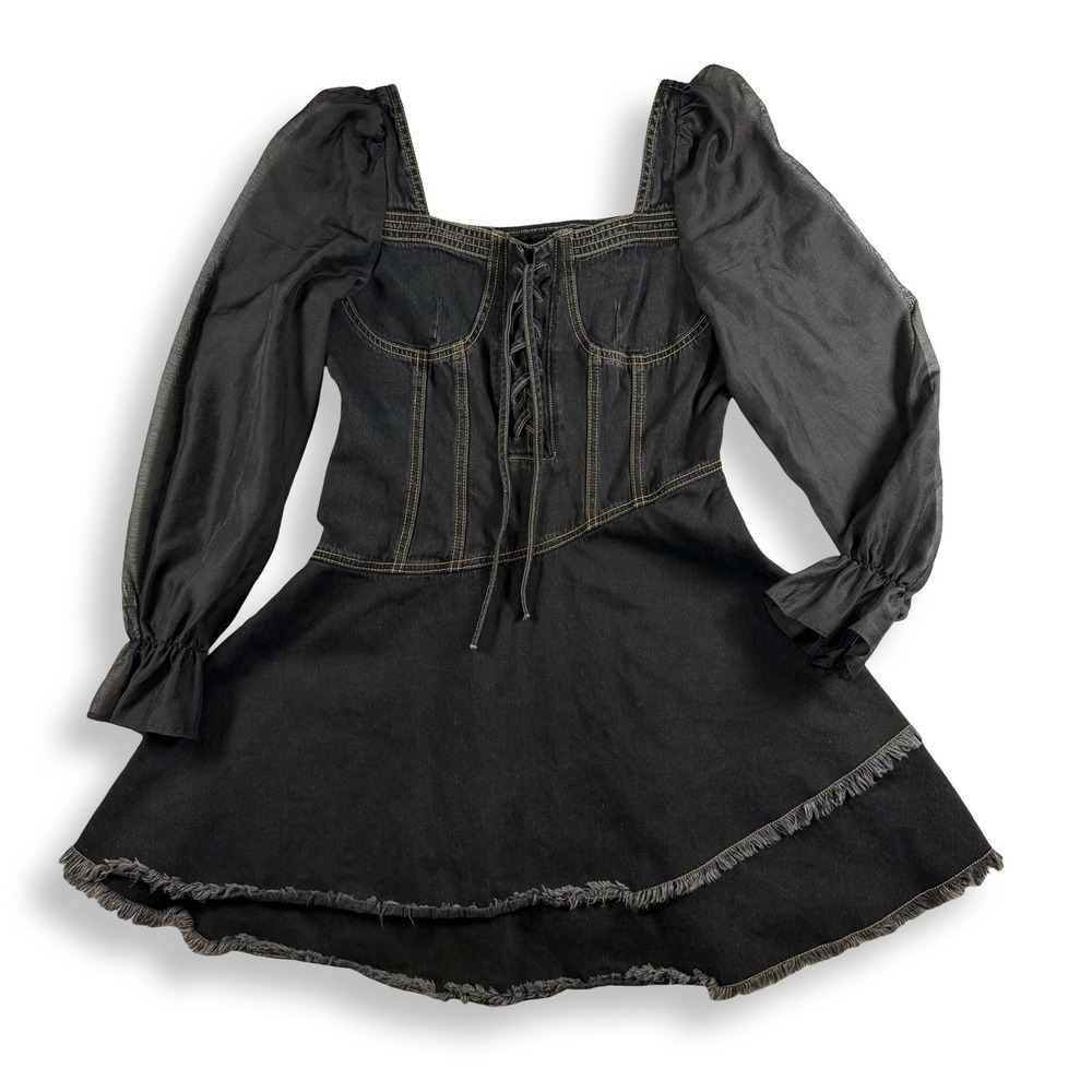 LEDIN Black Denim Corset Mini Dress Lace Up Sheer Sleeve Frayed Hem L Whimsygoth